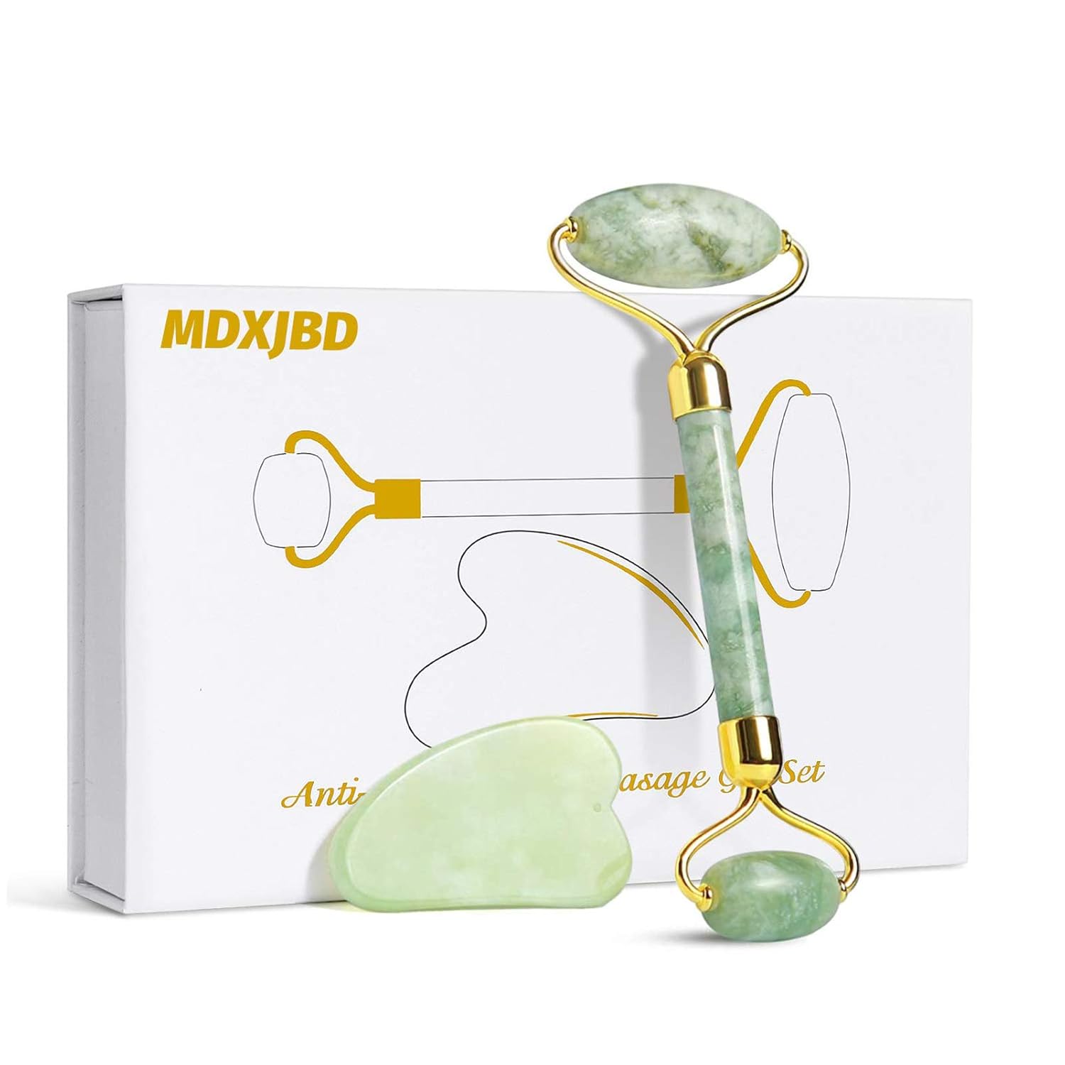 Jade Roller Gua Sha Massage Tool Set for Face Natural Facial Jade Stone Set Anti Aging Face Massager Face Eye Neck Beauty Roller for Smoothing Firming Include Gift Box: Beauty