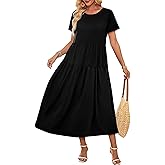 OFEEFAN Maxi Dress Casual Dresses for Women Crew Neck Short Sleeve Tiered Dress with Pockets