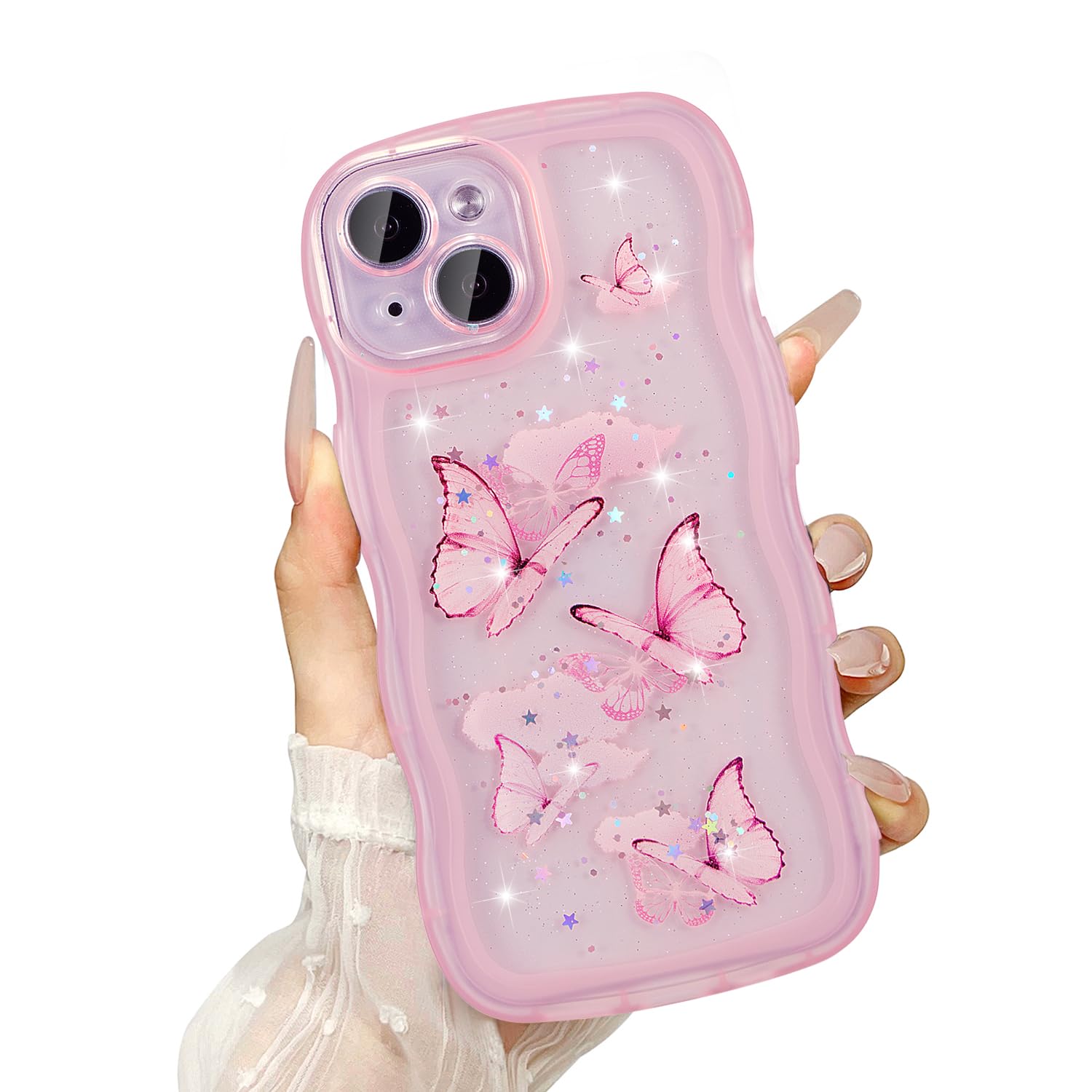 Photo 1 of UEEBAI Wave Case for iPhone 15, Pretty Bling Glitter Case for Women Cute Shiny Phone Case for Girls Bling Stars Clear Case Butterfly Curly Wave Case Shockproof Girly Case - Pink