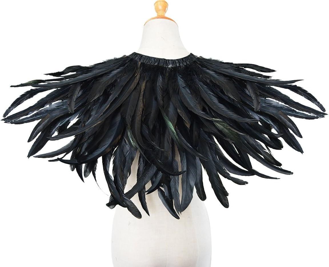L'VOW Black Feather Shrug Cape Shawl Collar Halloween Costumes for Women (Black-004): Clothing