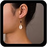 Ximdble Vintage Cowrie Shell Drop Earrings Boho Cowrie Stud Earrings Conch Dangle Hook Earrings Tiny Brown Bead Drop Earrings Jewelry for Women