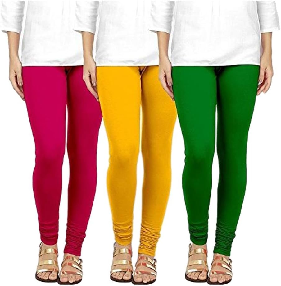Soft & Stretchable Cotton Lycra Churidar Free Size Leggings Combo Offer for Women (SSLPYG3_Pink,Yellow,Green_Free Size)(Pack of 3)