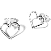 Handmade Open Hollow Heart Shaped Stud Post Earrings, Sterling Silver 925 Polished Finish (1 cm). Great Smal Gift Set