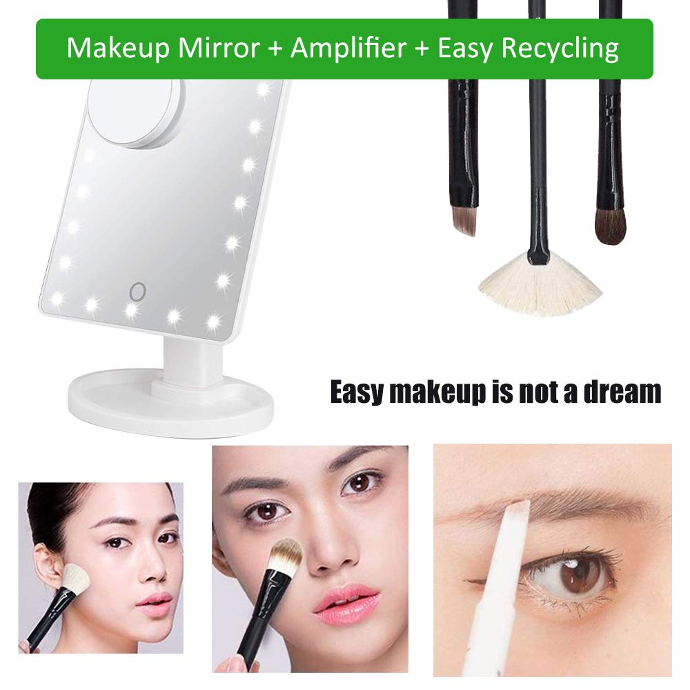 Quiklet LED Lighted Makeup Mirror 22 LED Vanity Mirror Touch Screen Light Adjustable Dimmable Daul Power Supply, Detachable 10X Magnification Spot Mirror, White