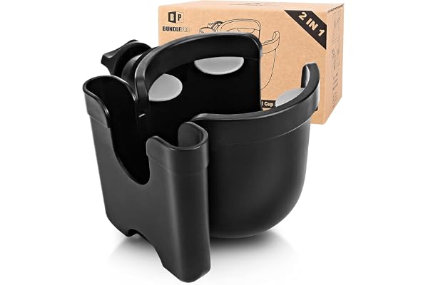 Universal Stroller Cup Holder with Mobile Phone Case, 2-in-1 Strollers Storage Rack, 360 Degrees Rotation Drink Holder for Bi