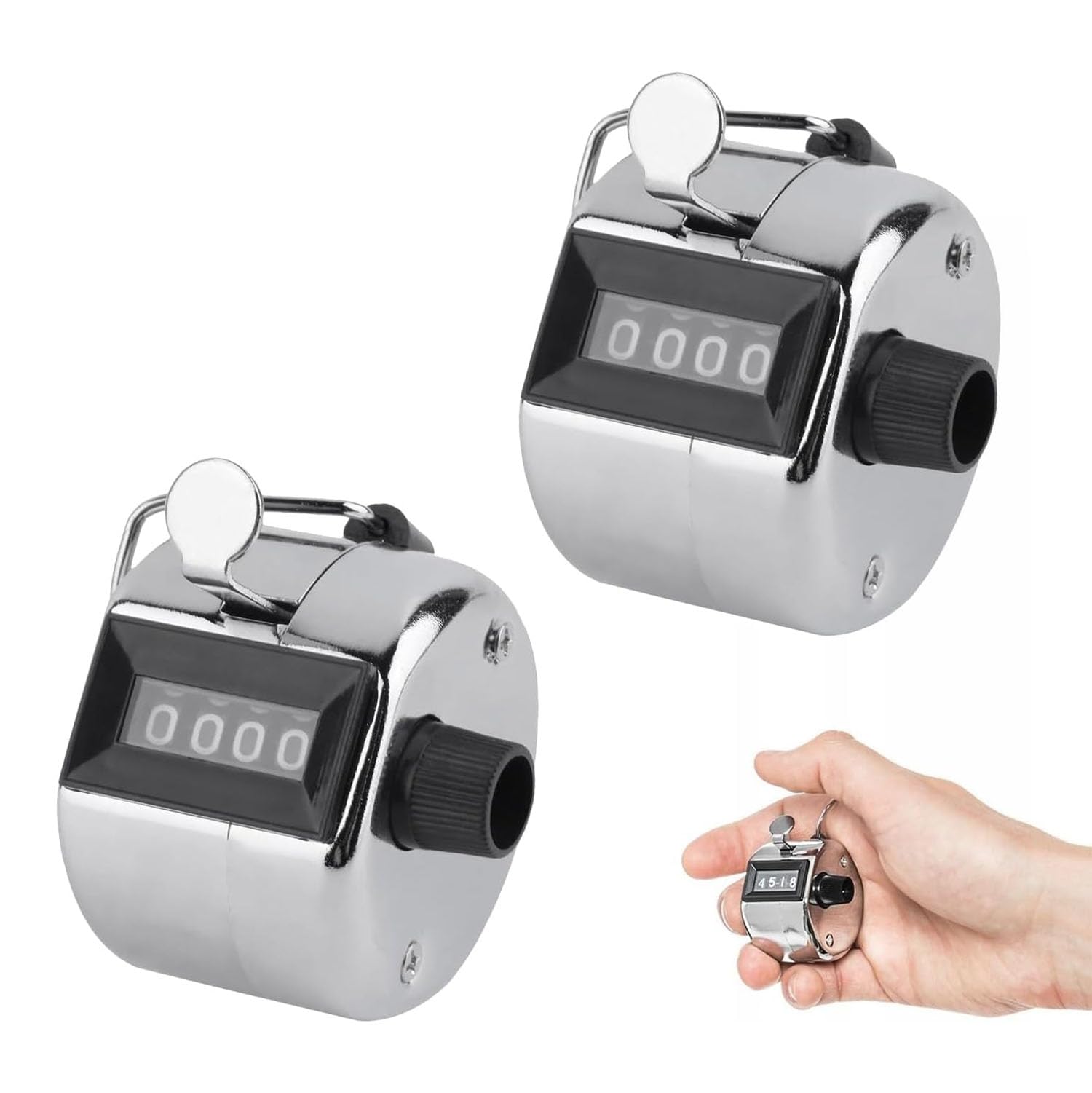 2 Hand Tally Counters, 4 Digit Mechanical Palm Clicker Counter Stainless Steel Hand Held Mechanical Clicker with Finger Ring Sliver