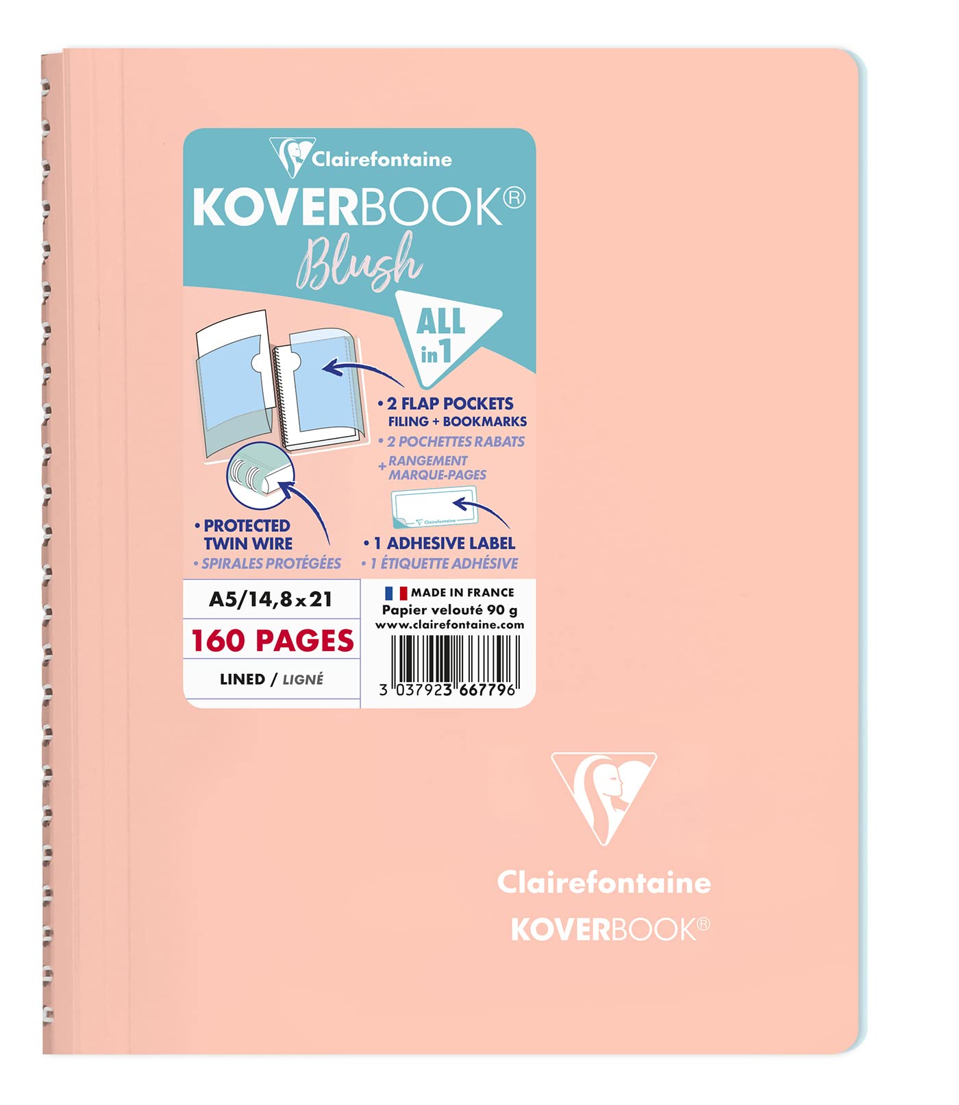 Clairefontaine 366779C - One Koverbook Spiral Notebook Blush Coral - Size: A5 14,8x21 cm - 160 Lined Pages - White Paper 90 g - Polypro Enveloppante Cover