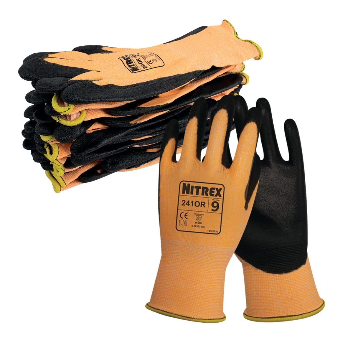 NITREX 241OR Work and Safety Gloves, Bag of 10 Pairs, Size 9 - B Rated Cut Resistant Work Gloves, PU Palm Coating, Orange Nylon Liner