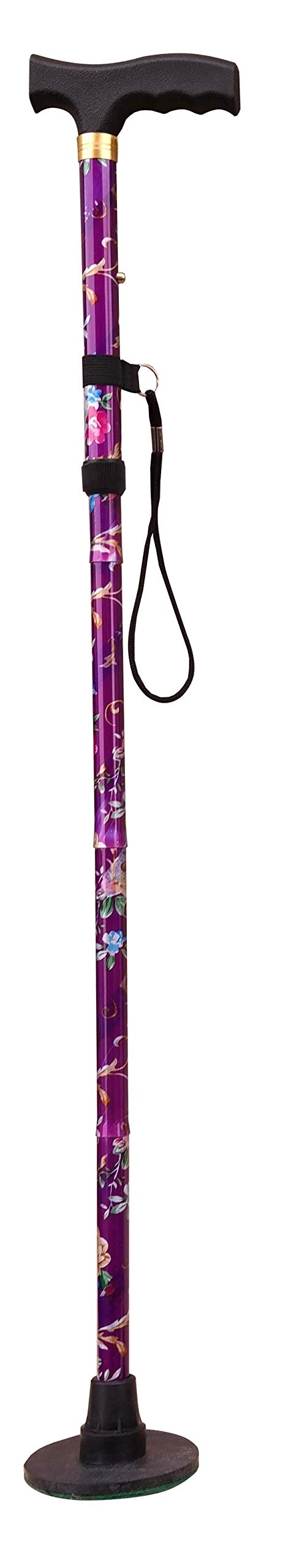 Acclaim Bowlers Adjustable 33”-37” Lawn Bowls Plain Lightweight Alloy Folding Four Piece Floral Metal Walking Stick & Green Protector With Synthetic Green Felt Base (Purple Floral)