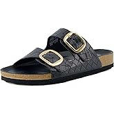 CUSHIONAIRE Lang Slip On Cork Footbed Womens Sandals – Comfortable Slides with Adjustable Buckle Flat Sandals for Women