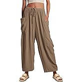 utcoco Womens Baggy Linen Pants Casual Loose Fit Drawstring Wide Leg Harem Pants with Pocket