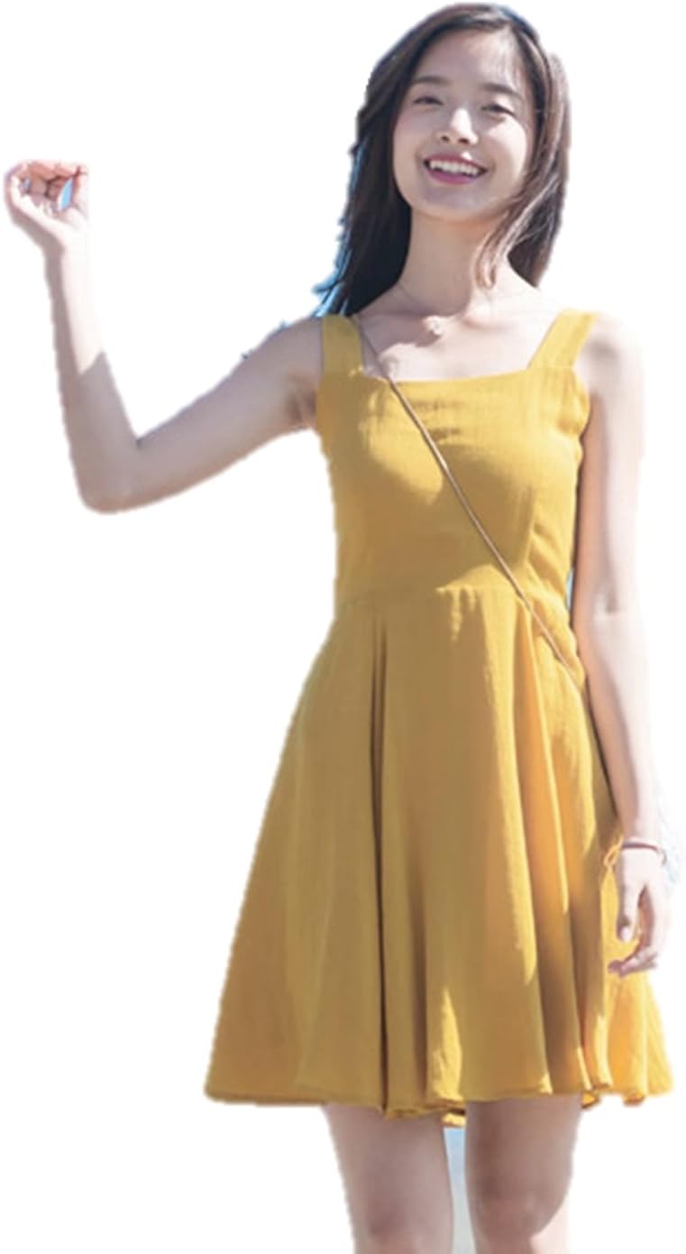 Amazon ワンピース ノースリーブ ベストワンピース 黄色 スクエアネック aライン フレアー K ワンピース チュニック 通販