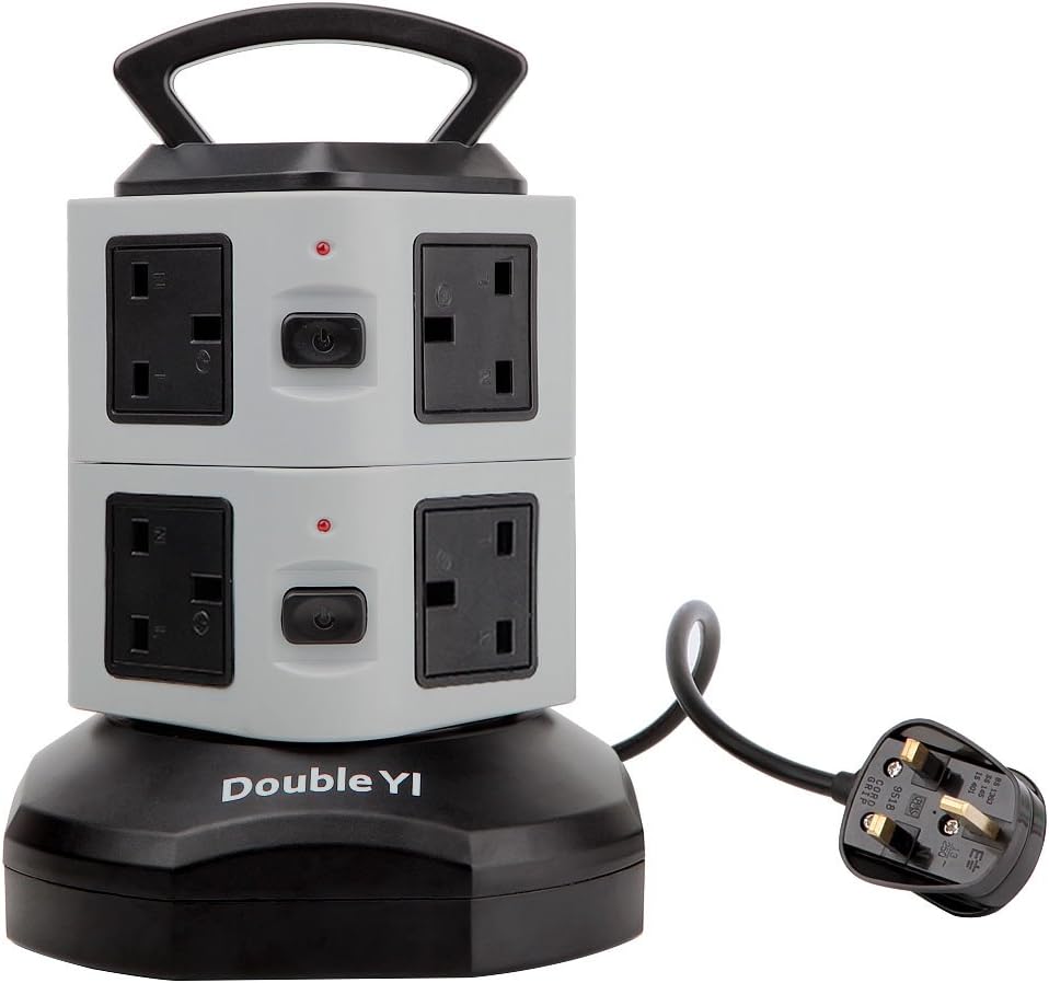 DoubleYI Extension Lead, 8 Way Outlets Socket Vertical Power Strip Surge Protector with Retractable 3m/9.8Ft Power Extension Cord