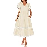 ZESICA Womens 2026 Summer Casual Midi Dresses V Neck Flutter Short Sleeve Ruffle Tiered A Line Flowy Beach Long Dress