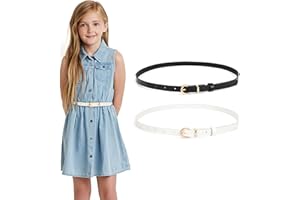 WHIPPY 2 Pack Belts for Girls Kids Skinny Belts Thin Leather Waist Belt with Alloy Pin Buckle for Pants Jeans Dresses