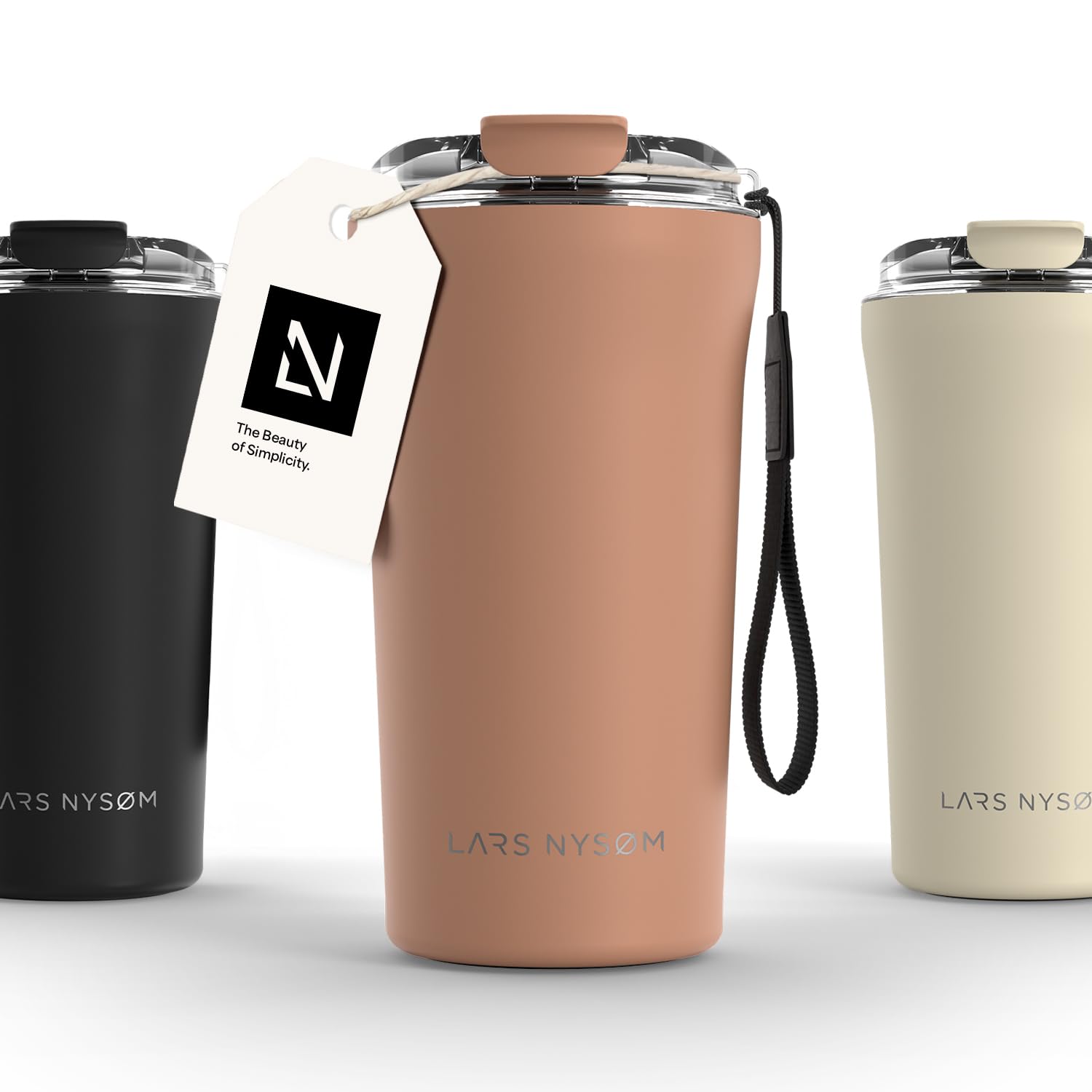 LARS NYSØM Thermo Coffee Mug-to-go with Strap 17oz | Travel Mug 0.5 Liter with Insulation | Leak Proof Stainless Steel Thermal Tumbler for Coffee and Tea to Go (Blush Rose, 500ml)