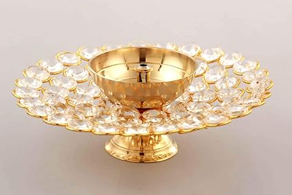 Collectible India Crystal Akhand Diya Oil Puja Lamp Decorative Round for Home Office Gifts Pooja Articles Decor (Medium)