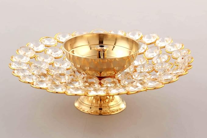 Collectible India Crystal Akhand Diya Oil Puja Lamp Decorative Round for Home Office Gifts Pooja Articles Decor (Medium)