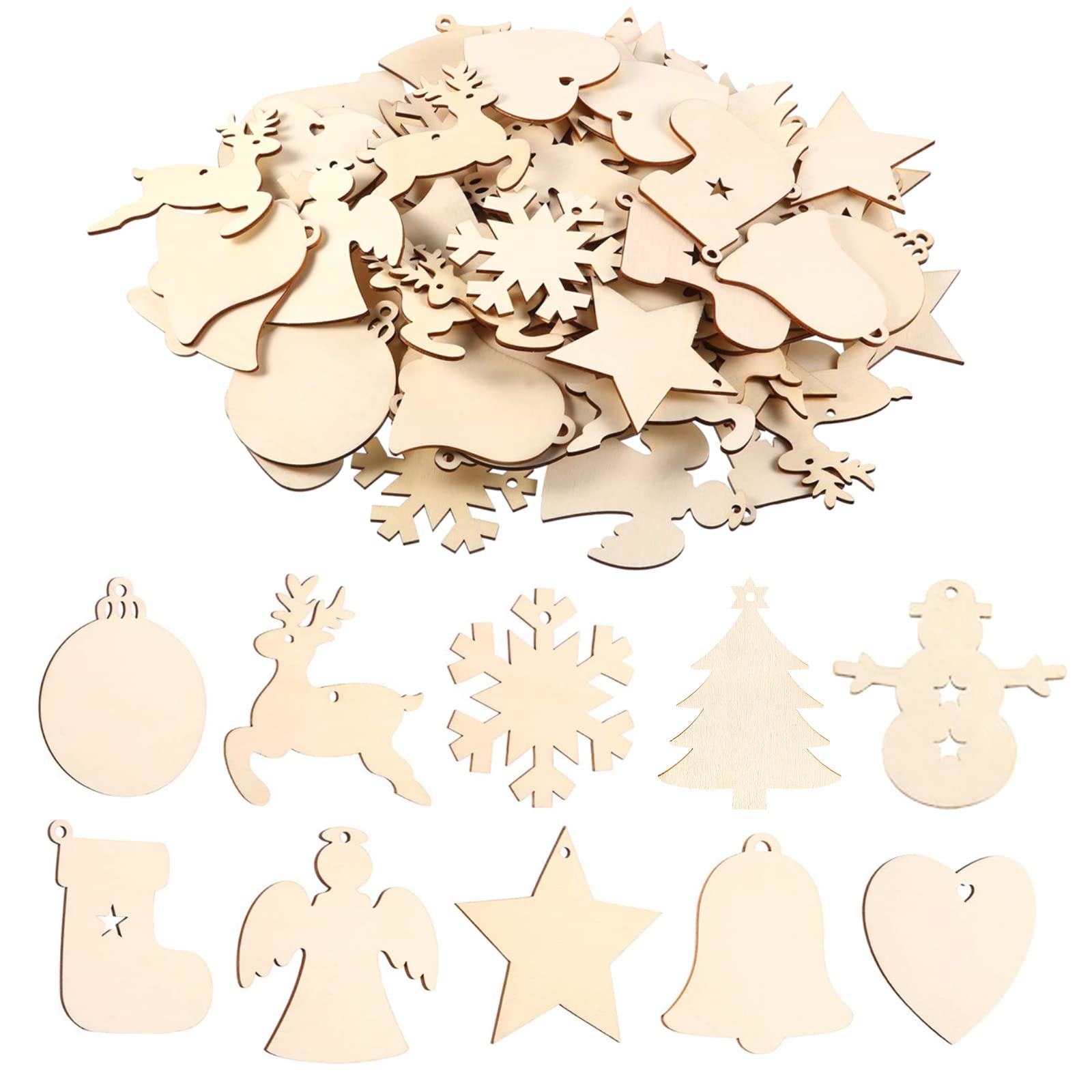 100PCS Wooden Ornaments Baubles Wood Slices Christmas Hanging Embellishments Tree Ornaments for DIY Crafts Xmas Decoration