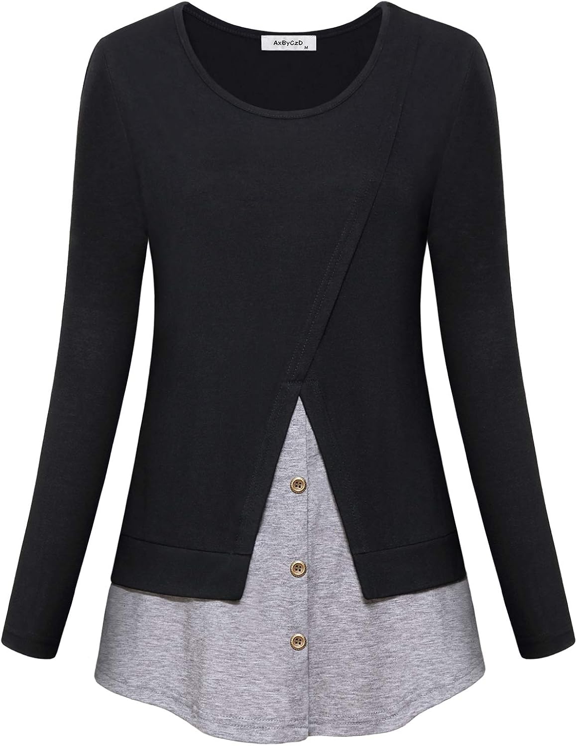 AxByCzD Womens Long Sleeve Button Décor Tunic Color Block Casual Tops