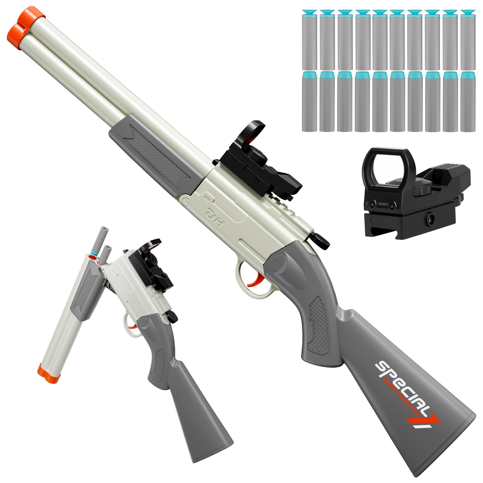 Toy Gun Double Barrel Shotgun Toy,with 20 Soft Bullet Darts, Toy Foam Blaster Foam Dart Blaster with Scope for Kids, Youth, Teen, Boys-Holiday for 8-12 Year (White)