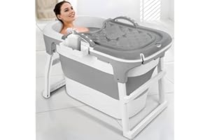 FOGCROLL Portable Bathtub, 39 inch Portable Folding Bathtub for Adult, Portable Soaking Bath Tub with Ergonomic Seat & Massage Roller, Freestanding Surround Collapsible Tub for Hot Bath Ice Bath (Grey)