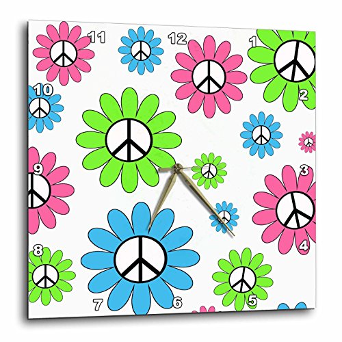 Girly Pink, Lime & Blue Peace Sign Flowers Wall Clock