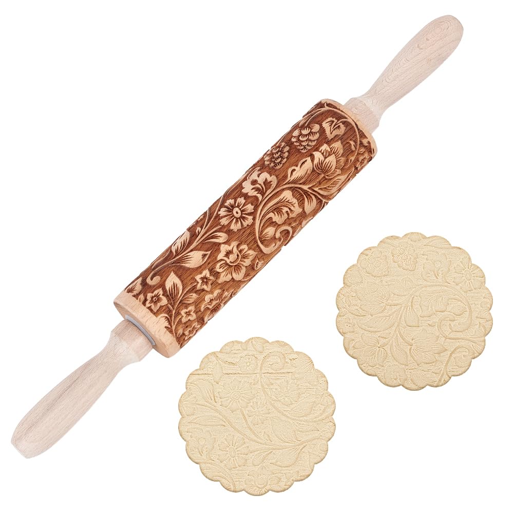 DELORIGIN Embossed Wooden Rolling Pin Darker Flower Rattan 35cm Long Rolling Pin for Baking Biscuits 3D Pattern DIY Kitchen Tool Baking Accessories Homemade Bakery Pastry Cookie Fondant Dough Pizza