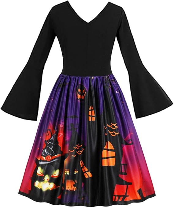 Amazon Cookinty ハロウィン ワンピース パーティードレス レディース レトロワンピース フォーマル コスチューム ハロウィン 仮装 衣装 ドレス 長袖 Vネック Aライン 膝丈スカート 結婚式 ドレス ワンピース ロカビリー ドレス お姫様 文化祭 パーティードレス 通販