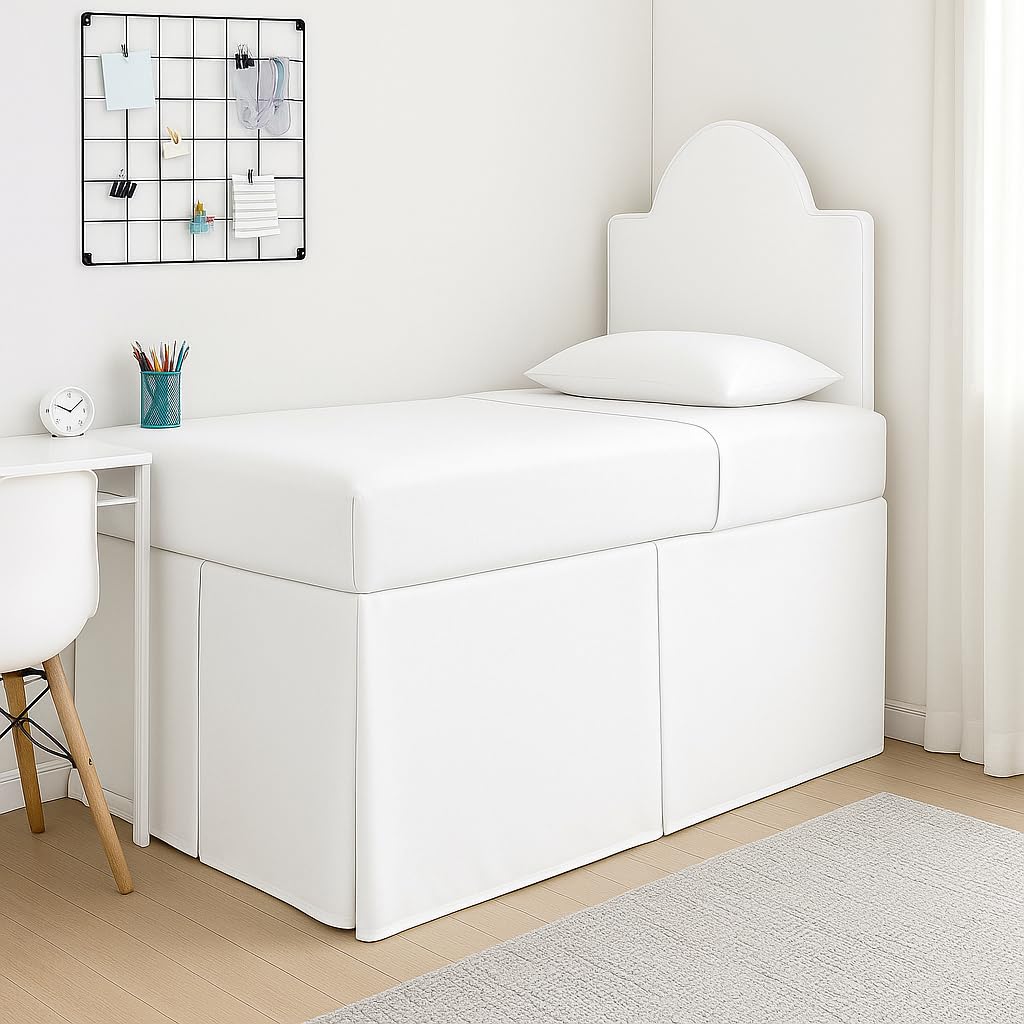 Photo 1 of Cottingon Box Pleated Dorm Room Bed Skirt with Split Corners, 100% Microfiber Soft, Sheen & Luxurious Look, Tailored Drop Easy Fit, Twin XL 32", White