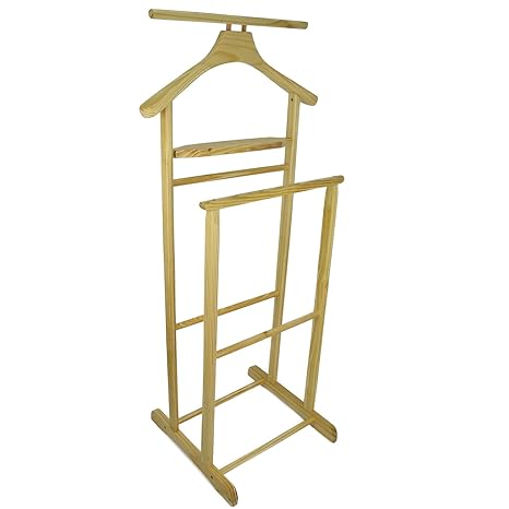 Herrendiener Kleiderständer Holz Stummer Diener Kleiderbutler Damendiener Garderobe mit Hosenbügel ( Natur - Kiefer 369 )