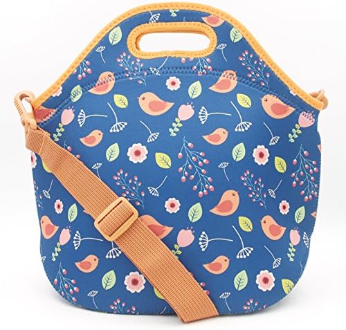 Cutest Bird Pattern Neoprene Lunch Bag With Shoulder Strap – Reusable Easy To Clean – Keeps Lunch Fresh – Eco-friendly Cooler Bag (13" x 12.5" x 6.5")