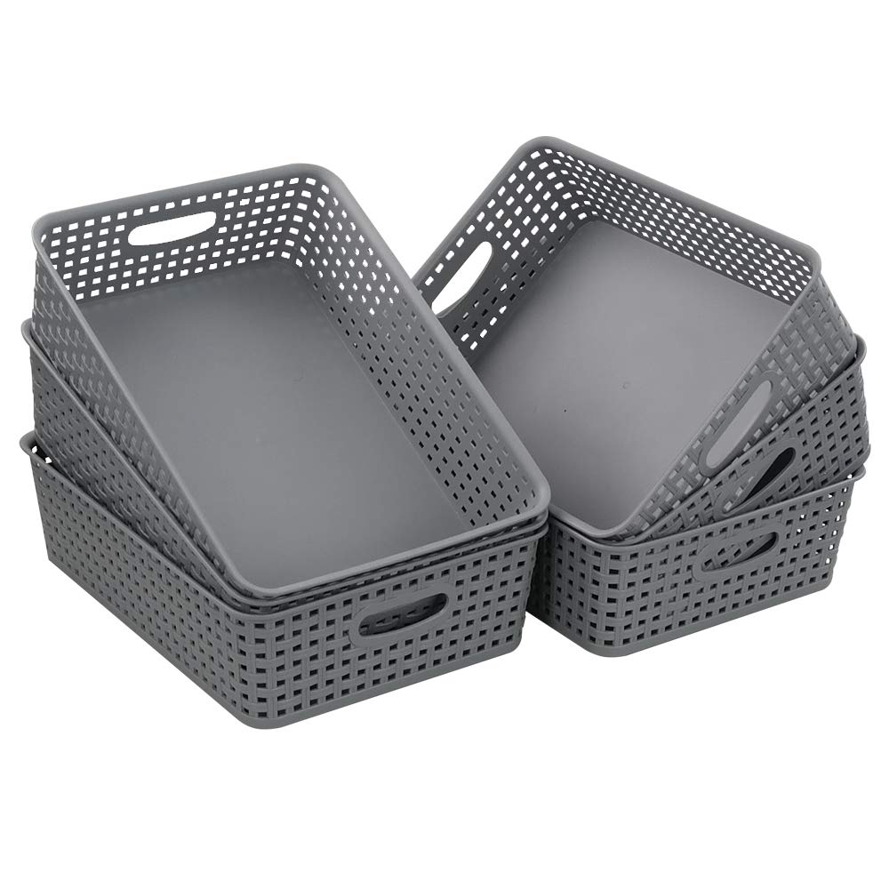 Bblie 6-Pack Rectangular Plastic Shallow Basket, Grey A4 Basket Tray for Storage