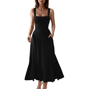 OYS Women's Casual Sleeveless Square Neck A-Line Flowy Long Dress | Side Pockets,Corset,Slim,Solid Color,Stetchy,Elegant,Back