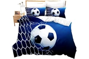 FEELYOU 3D Soccer Duvet Cover Set Full, Boys Football and The Soccer Ball Decorative Bright Blue Comforter Cover Set 3 Pieces Bedding Set with 2 Pillow Sham, Zipper, Youth Sports Theme Bedspread Bedclothes