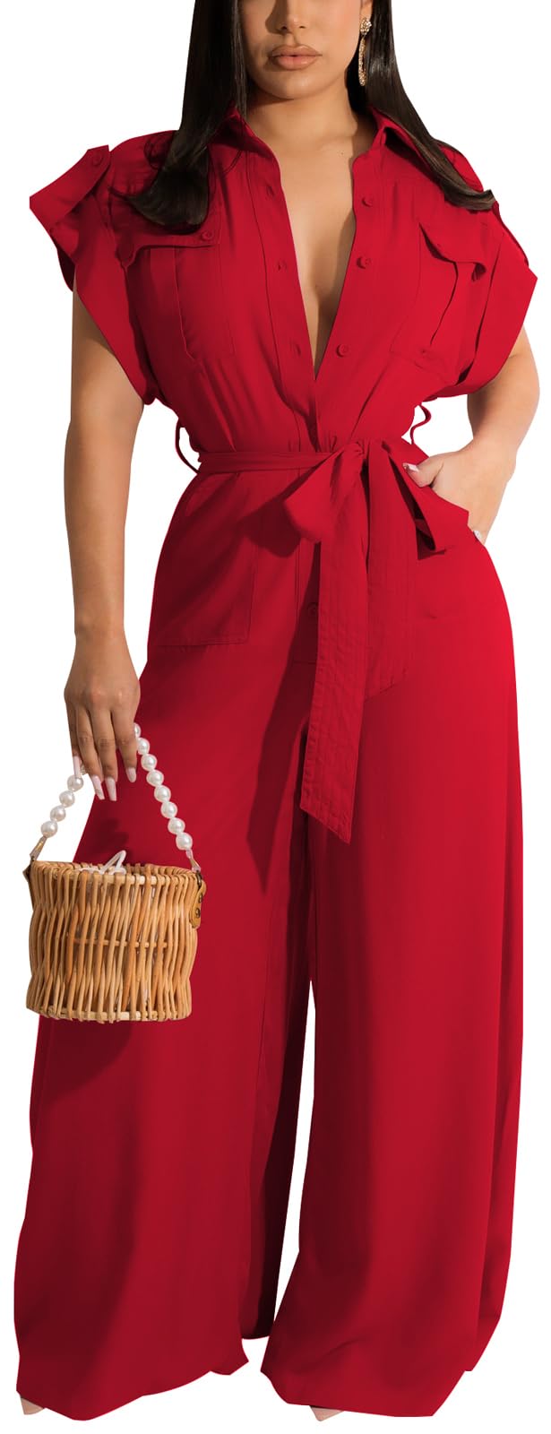 Photo 1 of PaladMom Women's Red Casual Button Down Dressy Jumpsuits Sexy V Neck Short Sleeve Loose Wide Leg Pants Clubwear Romper with Belt Pockets(25Red,Small)