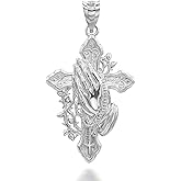 Claddagh Gold Solid Sterling Silver Cross with Praying Hands and Rosary Pendant