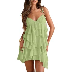 OYOANGLE Women's Summer Dress Chiffon Mini Tie Shoulder Sleeveless Sundress | Ruffle Flowy Cocktail Party Vacation Layered Su