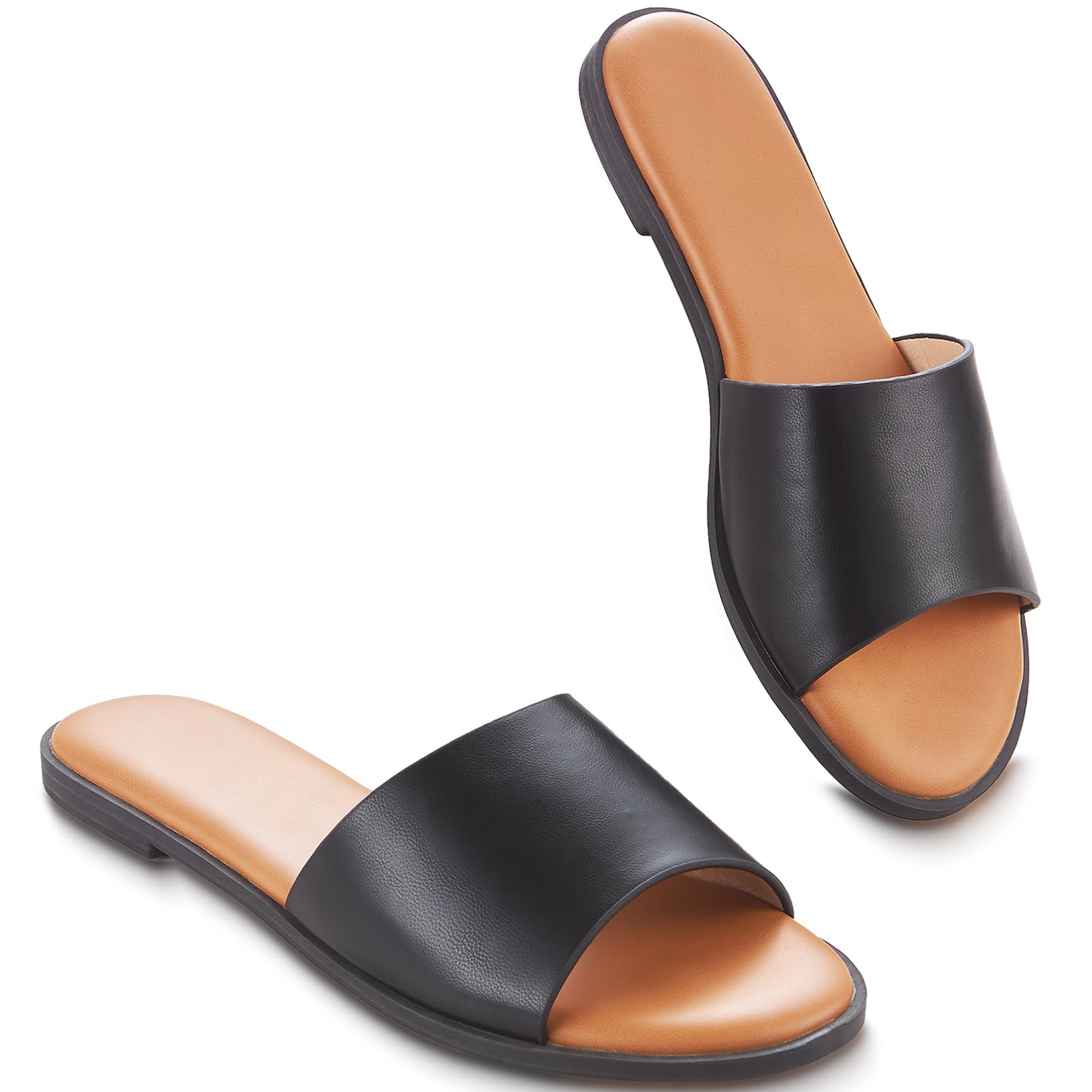 KENMITDY Women's Flat Sandals Slides for Women Slip on Sandals with Comfortable Leather Slippers Peep Toe Dressy Casual for 2025 Summer Beach