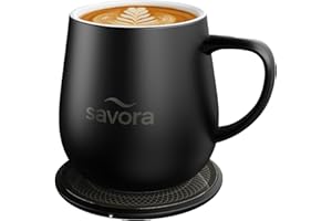 SAVORA 12oz Heated Coffee Mug | Barista’s Choice | Exclusive Wireless IntelliHeat Pad | Temperature Control Maintains 135°F | Hand-Crafted Ceramic Mug & Lid | Great for Tea Drinkers | Backed for Life - Black