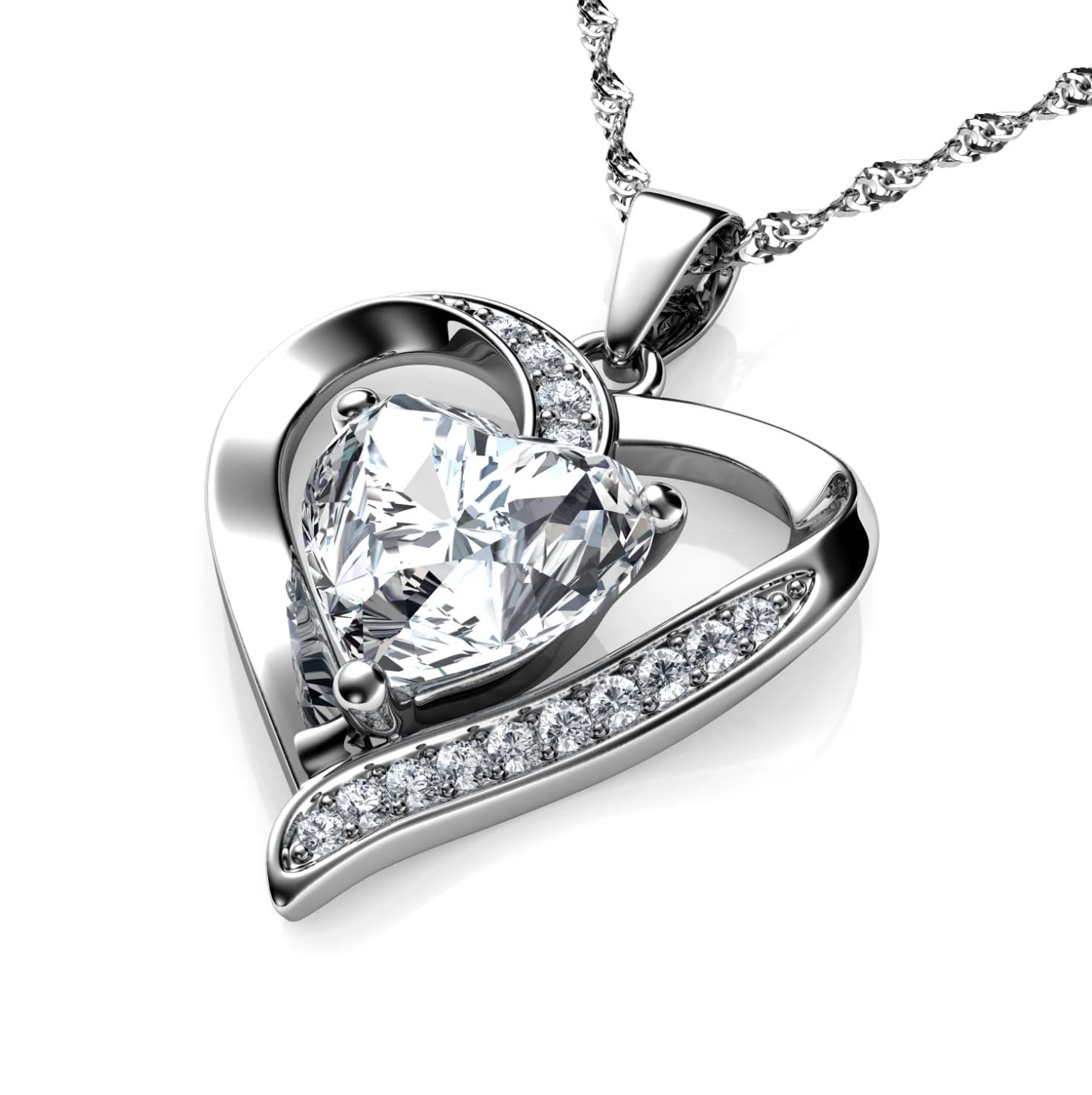 DEPHINI Crystal Heart Necklace – 925 Sterling Silver, Cubic Zirconia Pendant, Rhodium Plated Jewellery for Women (White 2) — image 1