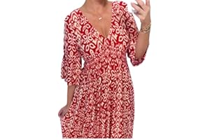 PUSKIU Casual Print V-Neck Long Dress Plus Size Summer V Neck Boho Floral Dress Short Sleeve Beach Long Dress for Women
