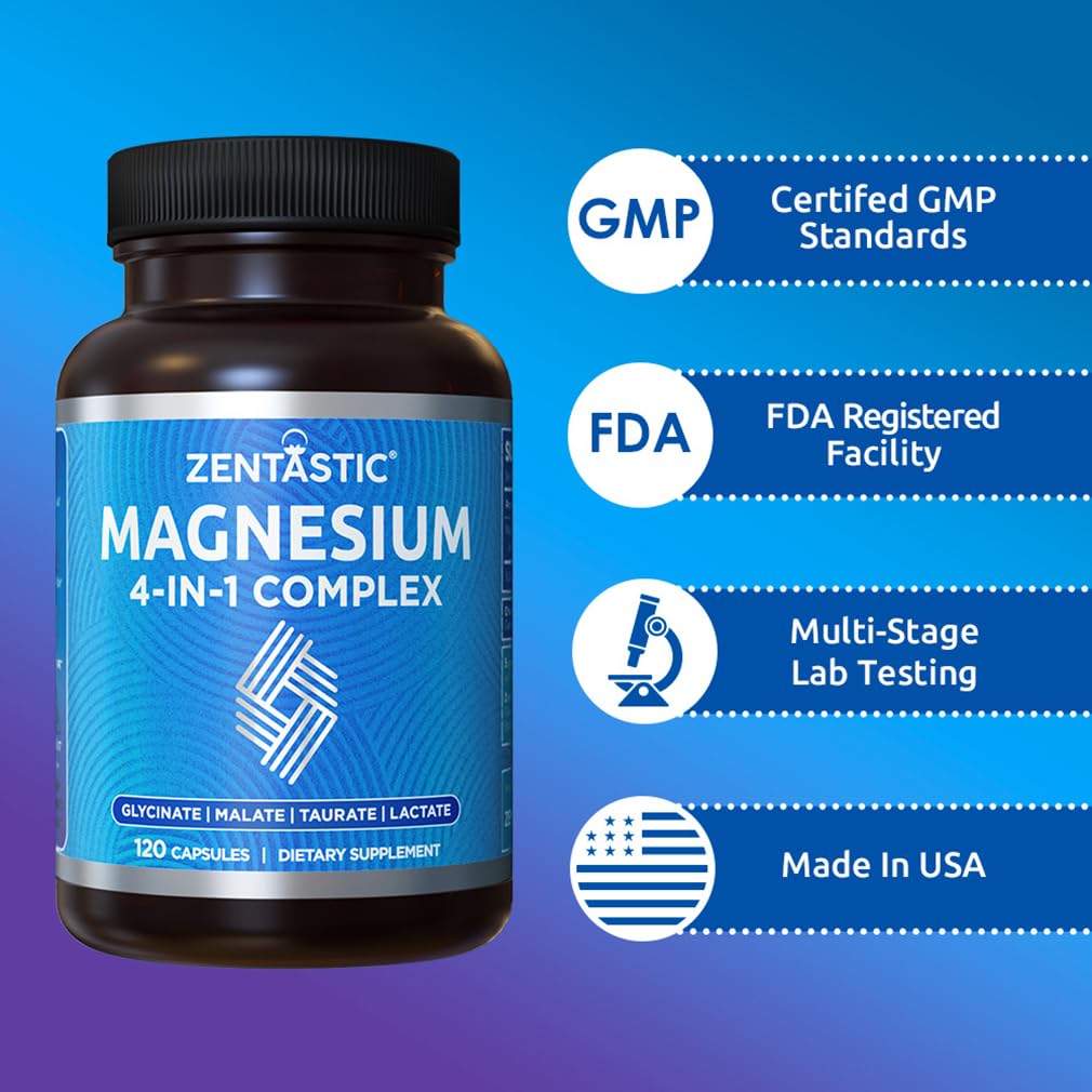 Zentastic Magnesium Complex 4-in-1 Supplement – Magnesium Glycinate, Malate, Taurate & Lactate – Chelated High Absorption for Nerves, Muscles, Bones & Immune Support – 120 Capsules