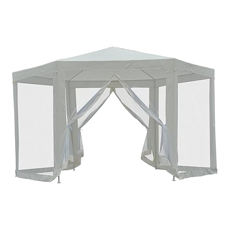 Outsunny Pavillon Gartenpavillon Partyzelt Gartenzelt Festzelt Zelt 6-eckig, Polyester+Metall, Blau/Creme, 390x390x250cm (Cre