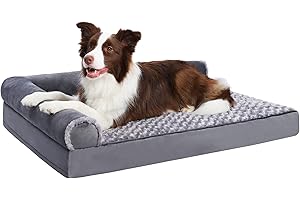 MIHIKK Orthopedic Pet Bed Deluxe Plush L-Shaped Couch with Waterproof Lining Bolster Sleeping Sofa with Removable Washable Cover & Nonskid Bottom for Small Medium Dogs, Gray
