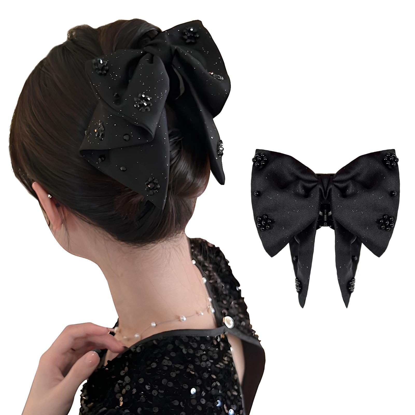 LassZone Hair Claw Clips for Women with Bow, Floppy Satin Bow Hair Clip Nonslip Claws Barrette Elegant Bowknot French Hair Accessories for Girls Daily Wear