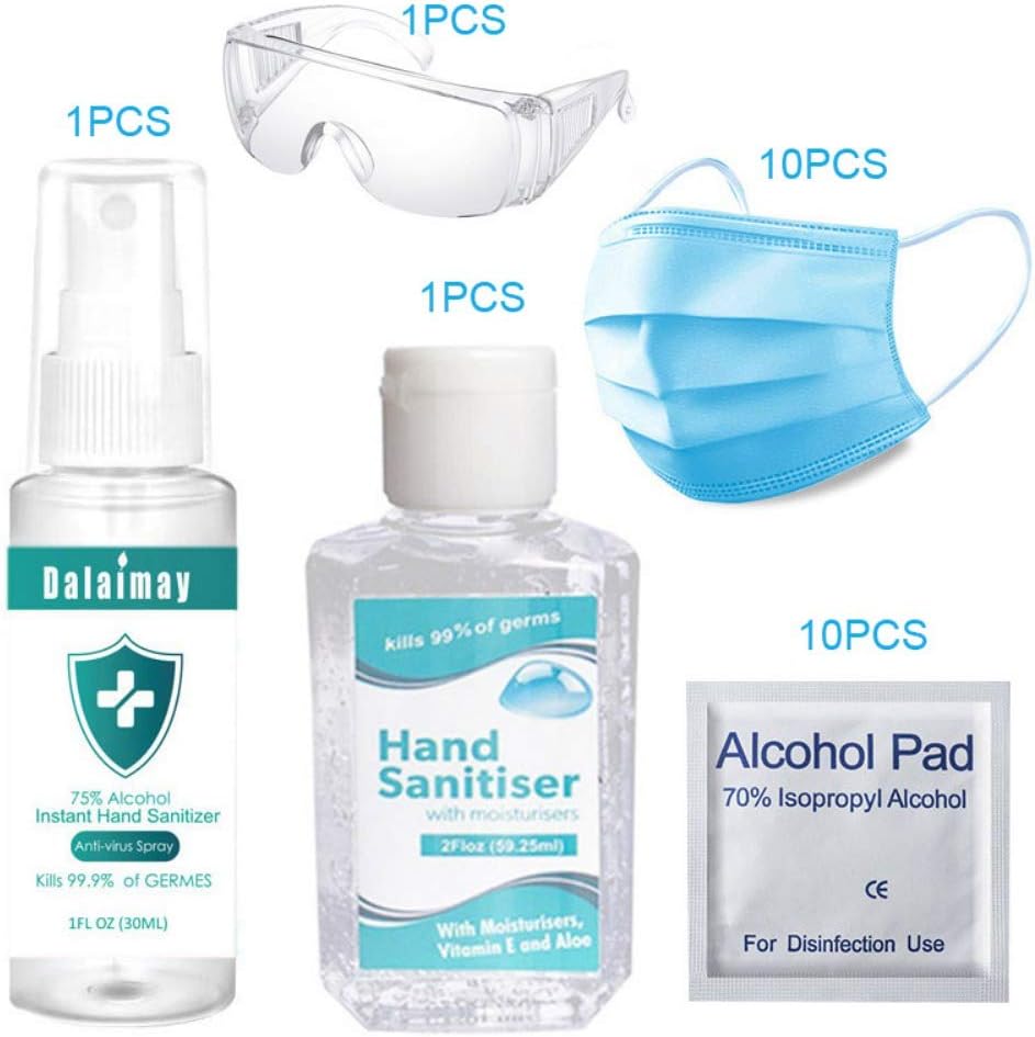 Bokze 60ml Hand Sanitizer Gel + 10 pcs Disposable Masks + 10 Disinfectant Wipes+ 30ml Disinfectant Spray + 1 Goggles