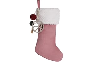 Pxniy Personalized Gold Wooden Initial Christmas Stocking, 19.5 inches Velvet Christmas Stocking with pom poms,Christmas Decorations for Xmas Fireplace Holiday Party(Pink A)