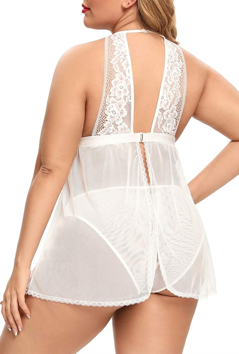 Plus Size Babydoll for Women Sexy Halter Keyhole Lace Lingerie Set Sheer Mesh Open Back Chemise Sleepwear at  Women’s Clothing store