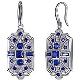 Silver Tone Geometric Classic Art Deco Flapper Antique Retro Style Royal Sapphire Blue Rhinestone Wedding Bridal Prom Formal Gatsby Party Dangle Earrings